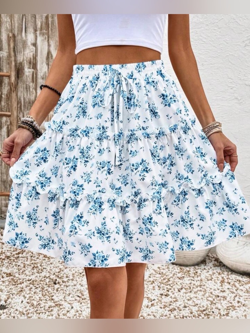 New Women's Floral Ruffle Layered Mini Skirt, Blue And White Printed